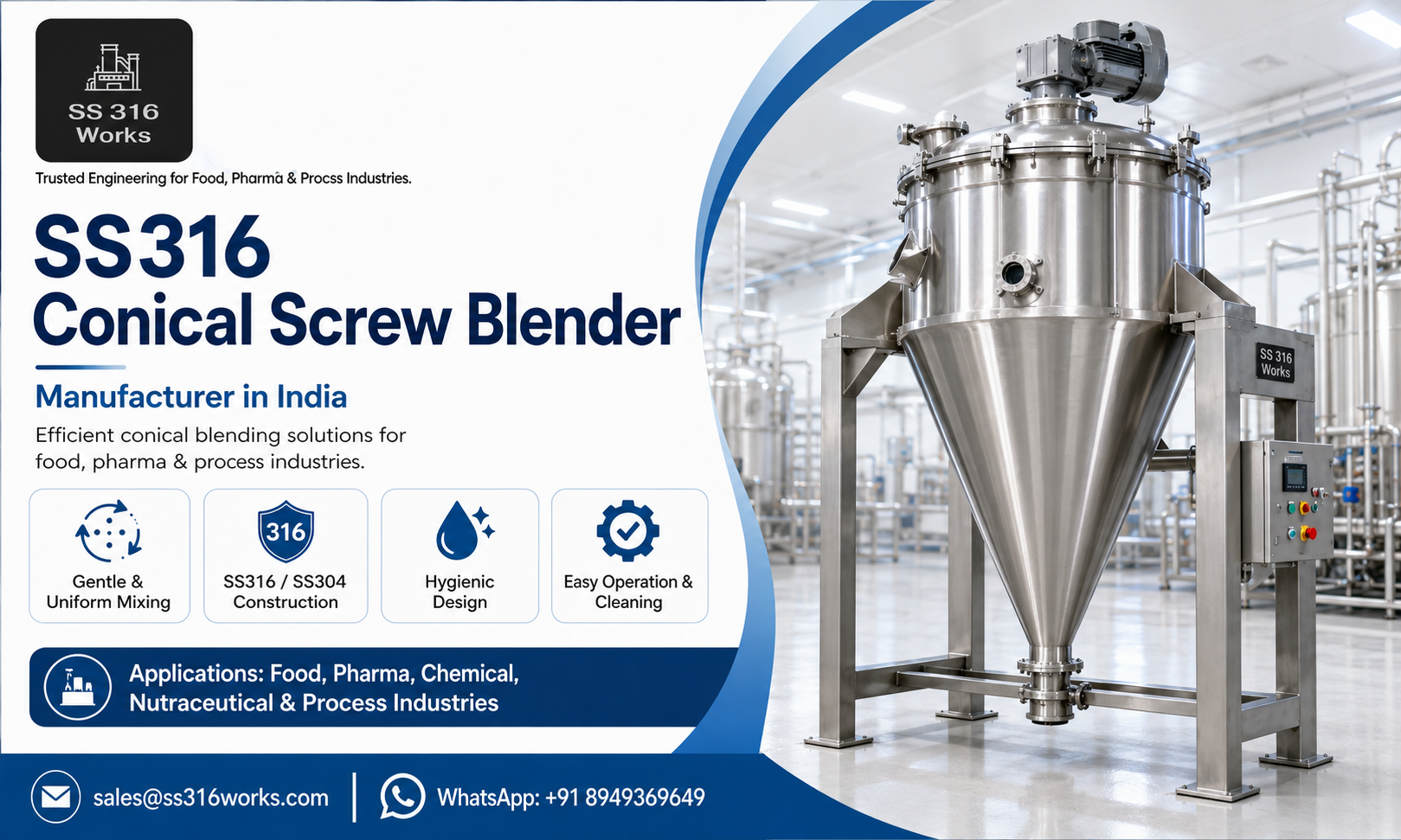SS316 Conical Screw Blender Manufacturer in India